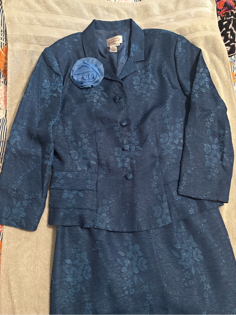 Vintage Adrianna Papell Navy Floral Jacquard Jacket with Blue Rosette